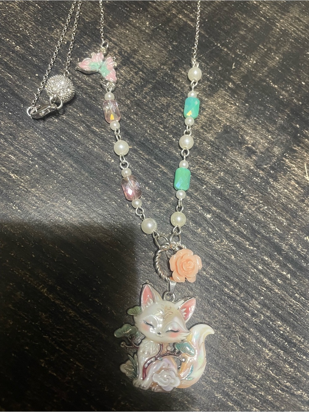 Pink Enamel Fox Pendant Necklace with Coral Rose Charm - Picture 11 of 11
